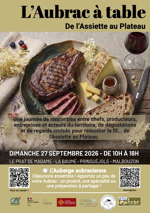 Affiche de l'événement 'L'Aubrac à table', présentant un repas avec une côte de bœuf, fromages, pain et vin rouge, accompagnée d'informations sur une journée de rencontres entre chefs et producteurs.
